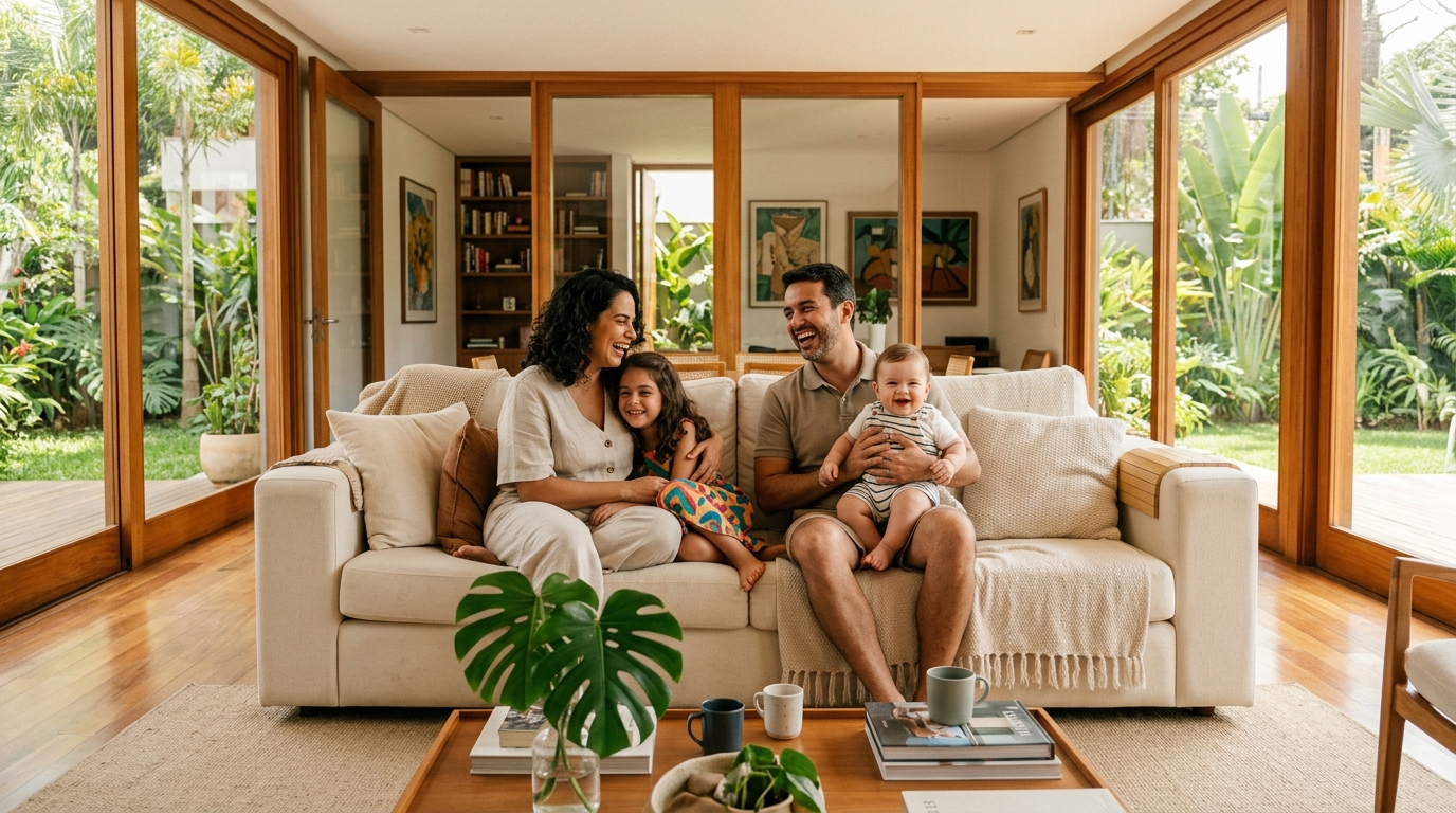 Família feliz e protegida em sua casa